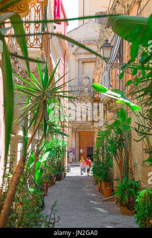 Colorata città mediterranea, vista su una strada ombreggiata fiancheggiata da palme a Siracusa, Sicilia. Foto Stock