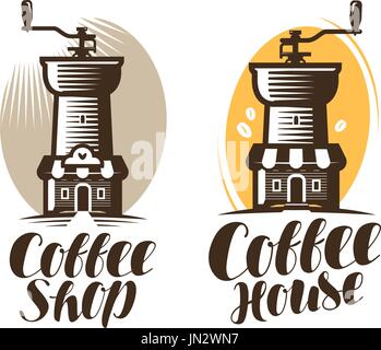 Caff, coffee house, cafe logo o etichetta. Bevanda calda, espresso, macinatore icona. Lettere manoscritte, calligrafia illustrazione vettoriale Illustrazione Vettoriale