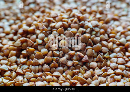 Sullo sfondo di un greggio di porridge di grano saraceno. Tessiturali sfondo. Foto Stock