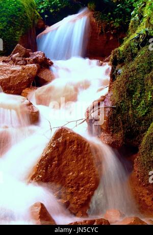 Cascate in un rapido flusso di acqua minerale. Ferrico rosso sedimenti su grossi massi tra felci Foto Stock
