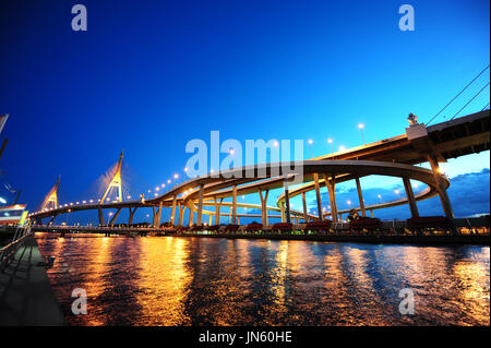 Panorama di scena bhumibol bridge, moderno punto di riferimento oltre il fiume Chaopraya, con cielo blu crepuscolo. Foto Stock