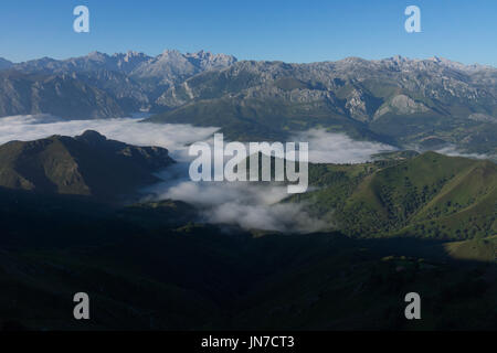 La mattina presto guardando verso il Parco Nazionale di Picos de Europa, Massiccio centrale, Picu Urriellu, Naranjo de Bulnes, Torre Cerredo Foto Stock