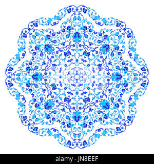 Ornamento indiano, caleidoscopica motivo floreale, mandala. Design made in russo gzhel stile e colori. Foto Stock