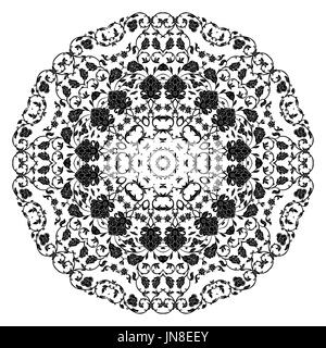 Ornamento indiano, caleidoscopica motivo floreale, mandala.Bianco e nero isolato elemento tondo. Foto Stock