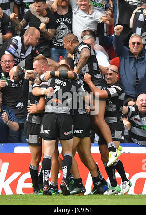 Hull FC giocatori festeggiano il loro quinto provare durante la Challenge Cup Semi finale corrisponde al Keepmoat Stadium, Doncaster. Foto Stock