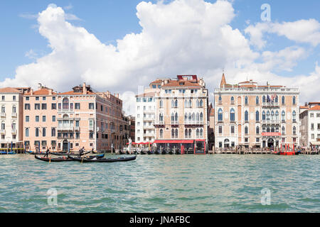 Venezia, Veneto, Italia. Gondolieri canottaggio loro le gondole del Canal Grande passato l'Hotel Bauer Il Palazzo e la Biennale nel sestiere di San Marco, Foto Stock