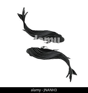 Pesci segno zodiacale su sfondo bianco. Pesce che nuota silhouette Foto Stock