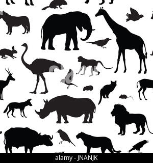 Animali silhouette perfetta pattern. La fauna selvatica piastrellato backgroun testurizzato. Animali africani pattern senza giunture Foto Stock