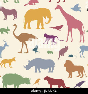 Animali silhouette perfetta pattern. La fauna selvatica piastrellato backgroun testurizzato. Animali africani pattern senza giunture Foto Stock