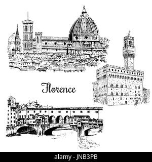 Set di Firenze Ponte Vecchio in , Italia. Mano di vettore bozzetto Illustrazione Vettoriale