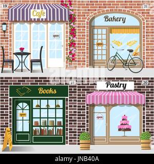 Set di facciate diverse panificio, cafe, il bookshop e la pasticceria. Illustrazione Vettoriale