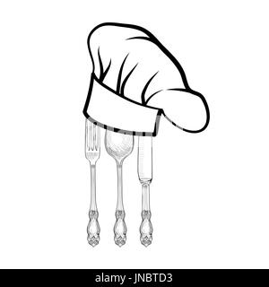 Chef di cucina con cappello di forchetta, cucchiaio e il coltello del disegno a mano schizzo etichetta. Icona di posate. Vector catering e servizio ristorante insegne. Ristorante il simbolo c Foto Stock