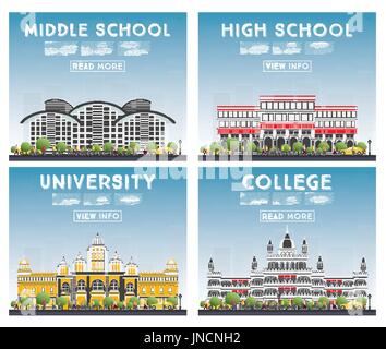 Set di università, High School e College Studio banner. Illustrazione Vettoriale. Agli studenti di accedere all'edificio principale dell'Università. Illustrazione Vettoriale