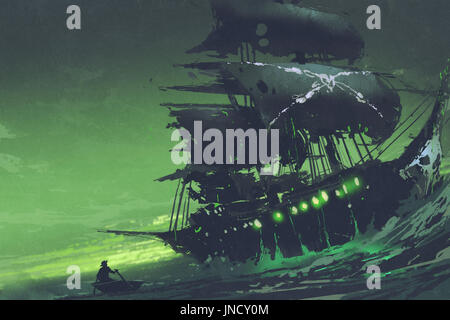 Scena notturna di ghost la nave dei pirati in mare con una misteriosa luce verde, Flying Dutchman, arte digitale stile, illustrazione pittura Foto Stock