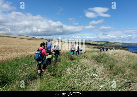 Walkers sul sentiero costiero tra Eyemouth e St. Abbs. Foto Stock