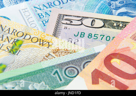 Sfondo con denaro, dollaro americano, zloty polacco, euro europeo; foto macro Foto Stock