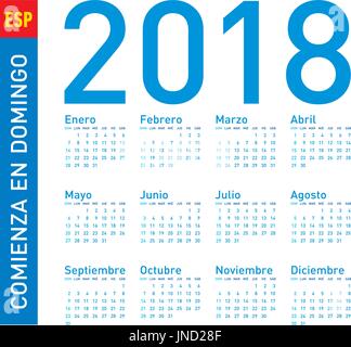 Semplice Calendario blu per l'anno 2018, in vettori. In spagnolo. Settimana comincia la domenica. Illustrazione Vettoriale