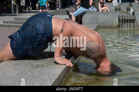 Berlino, Germania. Il 30 luglio, 2017. Christopher dai Paesi Bassi cali di testa sua nell'acqua della fontana dalla torre della televisione di Berlino, Germania, 30 luglio 2017. Foto: Paolo Zinken/dpa/Alamy Live News Foto Stock