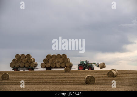 Oberursel, Germania. Il 30 luglio, 2017. Un agricoltore trasporta i rotoli di paglia contro un cielo nuvoloso, in un campo vicino a Oberursel, Germania, 30 luglio 2017. Foto: Boris Roessler/dpa/Alamy Live News Foto Stock