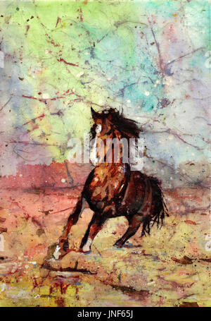 Acquerello pittura batik su carta di riso di horse running. Horse Running in prato opere d'arte. Horse art. Batik dipinto di stile Foto Stock