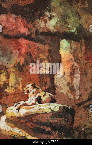 Arte acquerello pittura batik di leonesse giacente sulla roccia presso la North Carolina zoo. Lion arte pittura ad acquerello North Carolina animali dello zoo Foto Stock