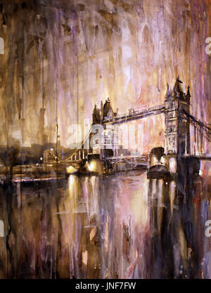La pittura ad acquerello del Tower Bridge al tramonto - Londra, Inghilterra. La pittura di Torre Ponte sul Fiume Tamigi nella city di Londra, Regno Unito. Londra art. Foto Stock