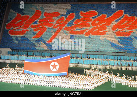 08.08.2012, Pyongyang, Corea del Nord, Asia - un gigante Nord bandiera coreana è portato attraverso il giorno di maggio Stadium di Pyongyang durante l'Arirang giochi di massa Foto Stock