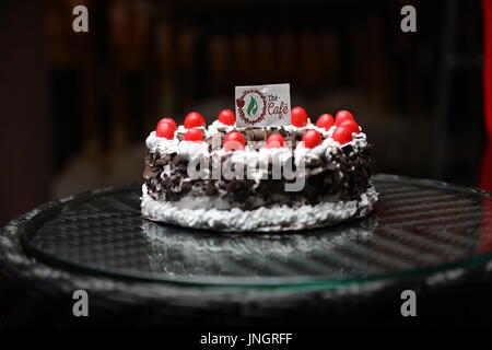 Torta della Foresta Nera decorata con panna montata, berry e salsa al cioccolato e meringhe, il fuoco selettivo Foto Stock