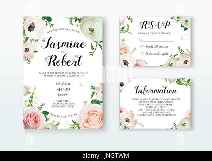 Invito a nozze invitare il design della scheda con Rose Anemone Ranunculus fiore pianta di erbe foglia bouquet di mescolare la composizione della struttura Corona. Vettore modello floreale Illustrazione Vettoriale