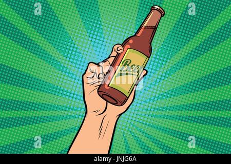 Bottiglia di birra in mano. La Pop art retrò illustrazione vettoriale Illustrazione Vettoriale