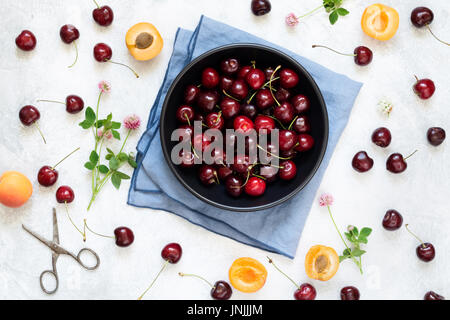 Berry laici piatto con ciliegie dolci, albicocche e foglia di trifoglio su sfondo bianco, vista dall'alto Foto Stock