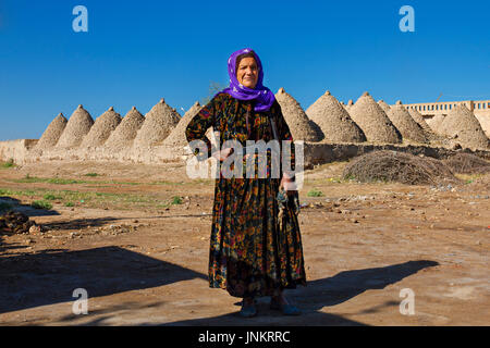 Donna locale con case di mattoni di fango in adobe sullo sfondo, nella città di Harran, Sanliurfa, Turchia. Foto Stock