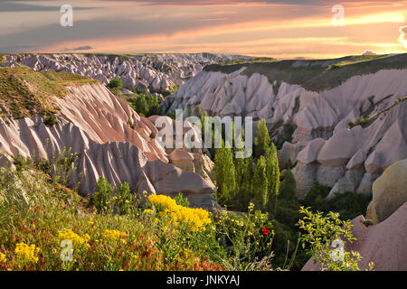 Vista sulla valle piena di ceneri vulcaniche formazioni, noto al sunrise, Cappadocia, Turchia. Foto Stock