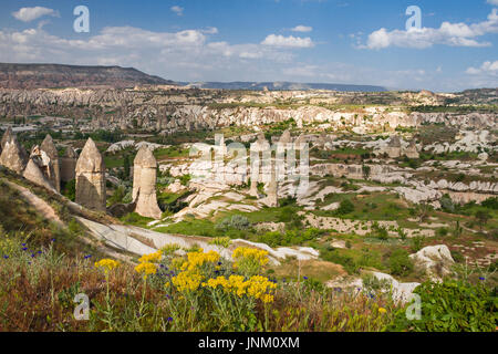 Vista sulle formazioni rocciose note come camini di fata, in Cappadocia, Turchia. Foto Stock