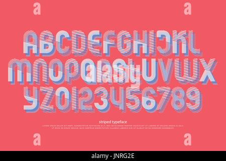 Alfabeto stilizzato lettere e numeri con configurazione a strisce. Il vettore, la linea sottile tipo font. regolare il carattere tipografico design geometrico. contemporaneo, testurizzato tip. Illustrazione Vettoriale