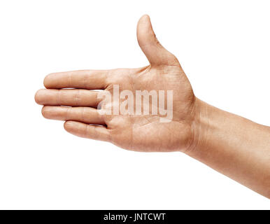 Mano d'uomo proteso nel saluto isolati su sfondo bianco. Close up. Alta risoluzione Foto Stock