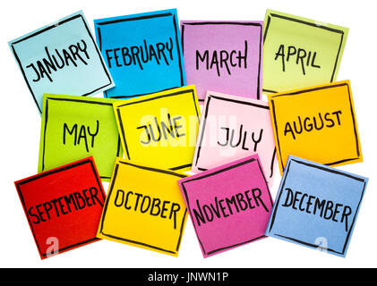 Set di dodici mesi (Gennaio Febbraio Marzo Aprile Maggio Giugno Luglio Agosto Settembre Ottobre Novembre Dicembre) - scrittura in inchiostro nero su Foto Stock