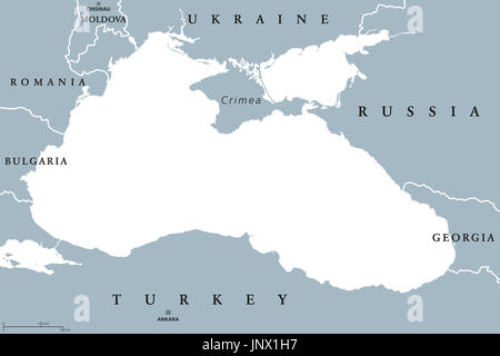 Il Mar Nero e il Mar di Azov regione mappa politico con capitelli e frontiere. Corpo di acqua tra Europa orientale e Asia occidentale. Illustrazione. Foto Stock