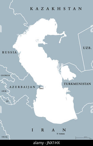 Regione del Mar Caspio mappa politico con frontiere e paesi. Corpo di acqua, lavabo e lago più grande sulla terra tra Europa e Asia. Illustrazione. Foto Stock