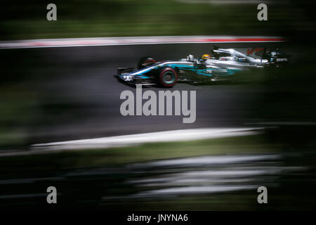 Mogyorod. Il 30 luglio, 2017. Mercedes AMG Petronas' driver britannico Lewis Hamilton compete durante l'Ungherese F1 Grand Prix gara a Hungaroring a Mogyorod, Ungheria il 30 luglio 2017. Credito: Jure Makovec/Xinhua/Alamy Live News Foto Stock