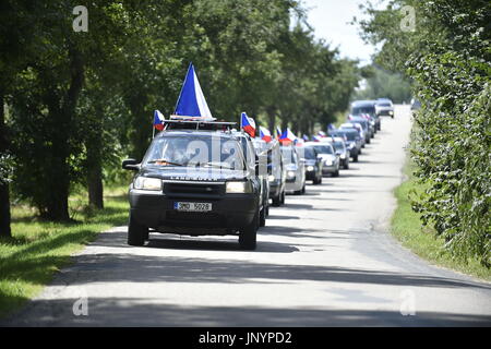 Olbramovice, Repubblica Ceca. 29 Luglio, 2017. I dimostranti sono visto vicino la hnizdo Capi azienda durante il Andrej Babis wedding. Il miliardario Andrej Babis, leader del movimento di ano e ceca ex ministro delle finanze, ha sposato la sua partner di lungo periodo di Monika nella sua fattoria Capi hnizdo (nido di cicogna) in Olbramovice, Repubblica Ceca, il 29 luglio. Credito: Josef Vostarek/CTK foto/Alamy Live News Foto Stock