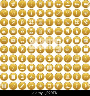 100 accessori medicali set di icone di oro Illustrazione Vettoriale