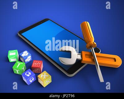 3d illustrazione del telefono cellulare su sfondo blu con cubetti e gli strumenti di riparazione Foto Stock