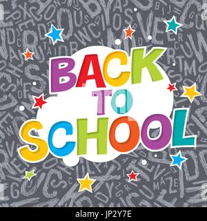 Si torna a scuola. Poster colorati con raggi e stelle. Alfabeto di fumetti. Illustrazione Vettoriale