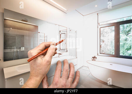 Disegno di rinnovamento di un lusso moderno bagno vasca in corian, rubinetto e doccia in bagno rivestito di piastrelle con windows verso il giardino Foto Stock