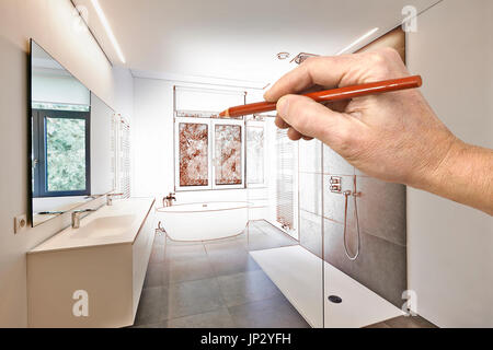 Disegno di rinnovamento di un lusso moderno bagno vasca in corian, rubinetto e doccia in bagno rivestito di piastrelle con windows verso il giardino Foto Stock