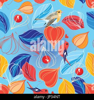 Vettore di Seamless disegno di foglie e physalis su uno sfondo blu Illustrazione Vettoriale