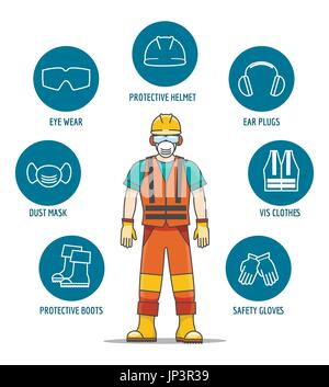 Protezione e attrezzatura di sicurezza o ppe illustrazione vettoriale. Casco e occhiali, guanti e cuffie per le icone di lavoratore alla tutela del posto di lavoro Illustrazione Vettoriale