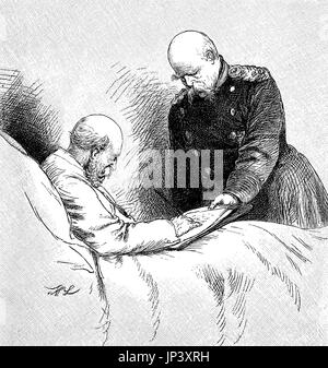 Wilhelm II o di Guglielmo II, Frederick William Victor Alberto di Prussia, 27 Gennaio 1859 - 4 giugno 1941, era l'ultimo imperatore tedesco e re di Prussia, la sua ultima firma nel letto di ospedale, Germania, digitale Riproduzione migliorata di una xilografia la pubblicazione a partire dall'anno 1888 Foto Stock