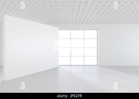 Tabellone bianco in piedi vicino a una finestra in una camera bianca. Il rendering 3D Foto Stock